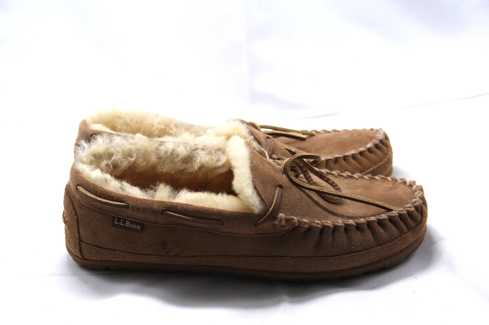 L.L.Bean Wicked Good Shearling Lined Moccasin Slippers Men Size 10 Brown Suede